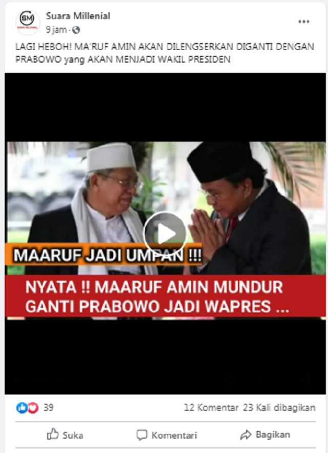 [Cek Fakta] Wakil Presiden Ma'ruf Amin Mundur dan Digantikan Prabowo? Ini Faktanya