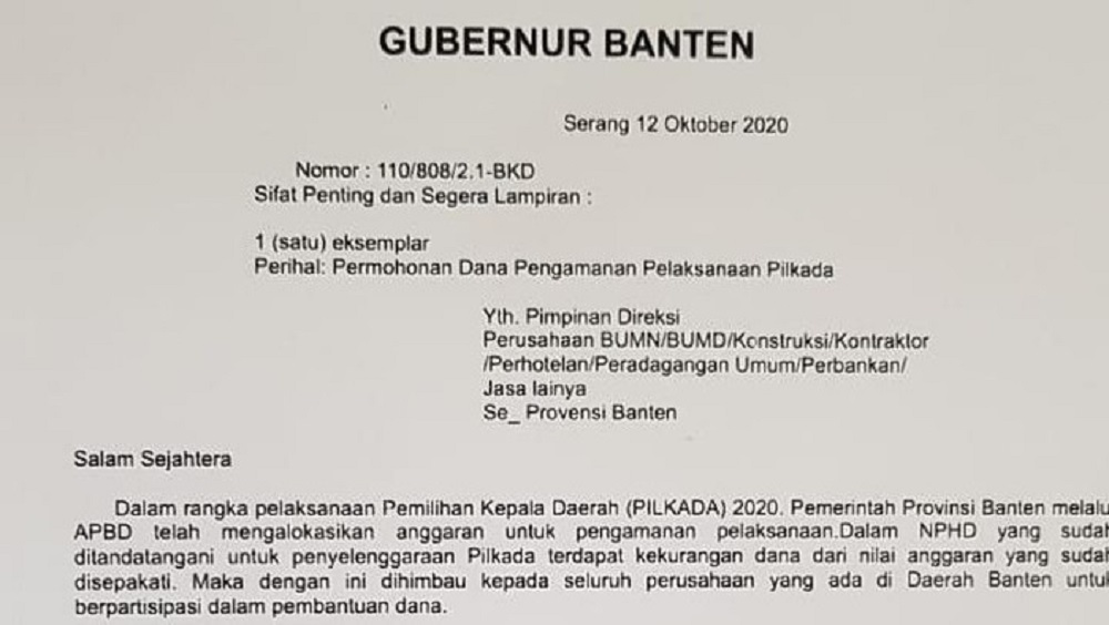 Heboh Surat Gubernur Minta Dana Pengamanan Pilkada, Pemprov Banten: Palsu!