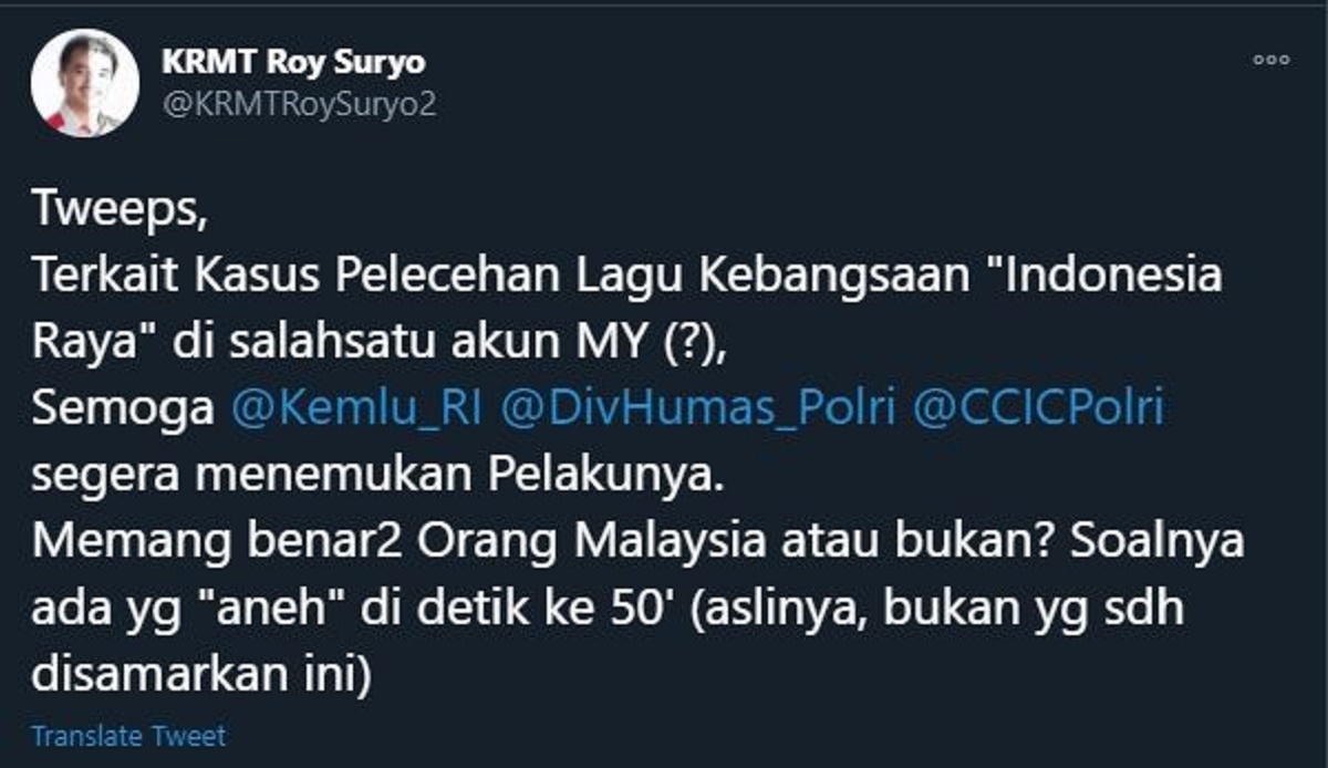 Indonesia Raya Diparodikan, Roy Suryo Cium Keanehan: Benar Orang Malaysia?