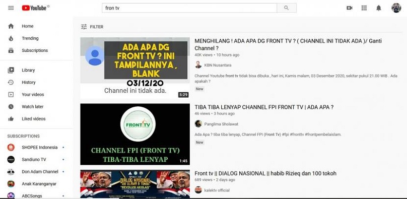 Mengapa Akun Front TV Milik FPI di Youtube Hilang?