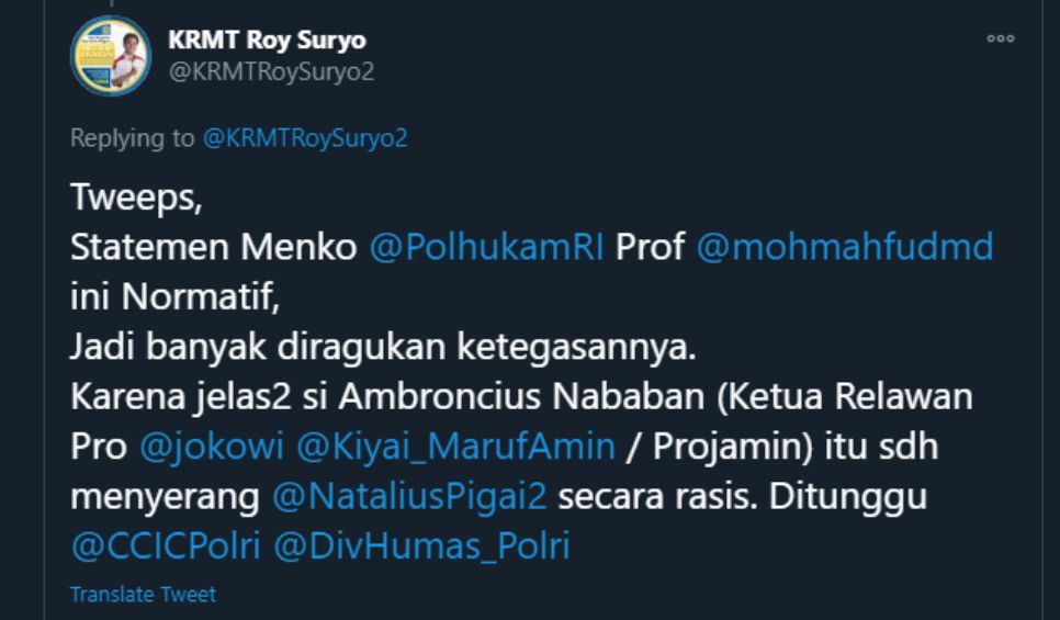 Mahfud Tidak Tegas soal Rasisme ke Natalius Pigai, Roy Suryo Singgung Ambroncius Relawan Jokowi