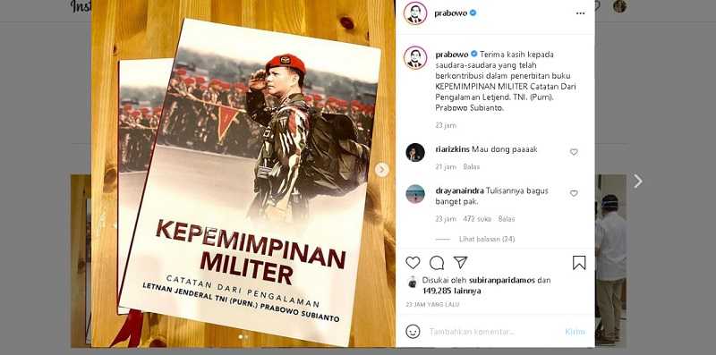 Lagi, Prabowo Rilis Buku Biografi Dirinya Berjudul "Kepemimpinan Militer"