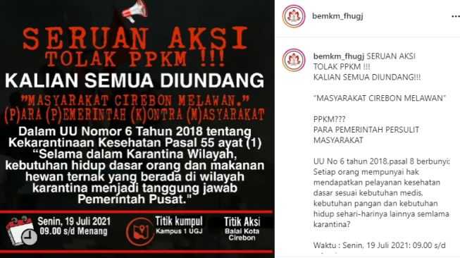 PPKM Darurat Diperpanjang, Mahasiswa UGJ Ajak Rakyat Cirebon Turun ke Jalan