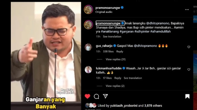 Video viral Bupati Kediri Hanindhito Himawan Pramana atau Mas Dhito yang berisi doa dan ajakan kepada masyarakat untuk memilih Ganjar Pranowo. [Instagram]